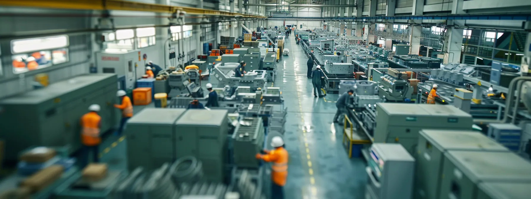 a factory floor bustling with workers using advanced eco-friendly technology to manufacture industrial molds.